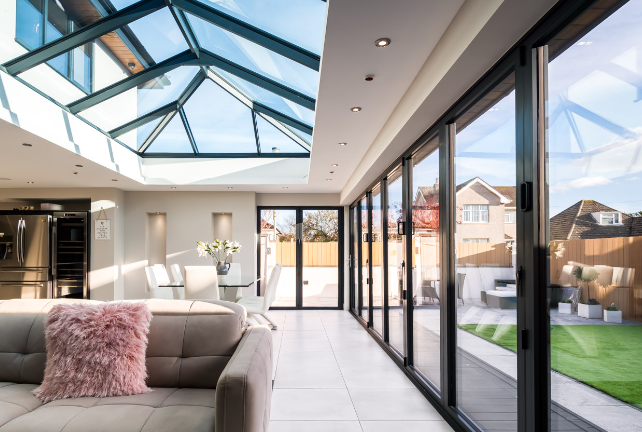 Modern home with a large window on a flat roof
